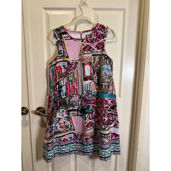 Anthropologie Sleeveless A-Line Dress Art Scene Print Pink Blue Size Medium - Picture 2 of 6